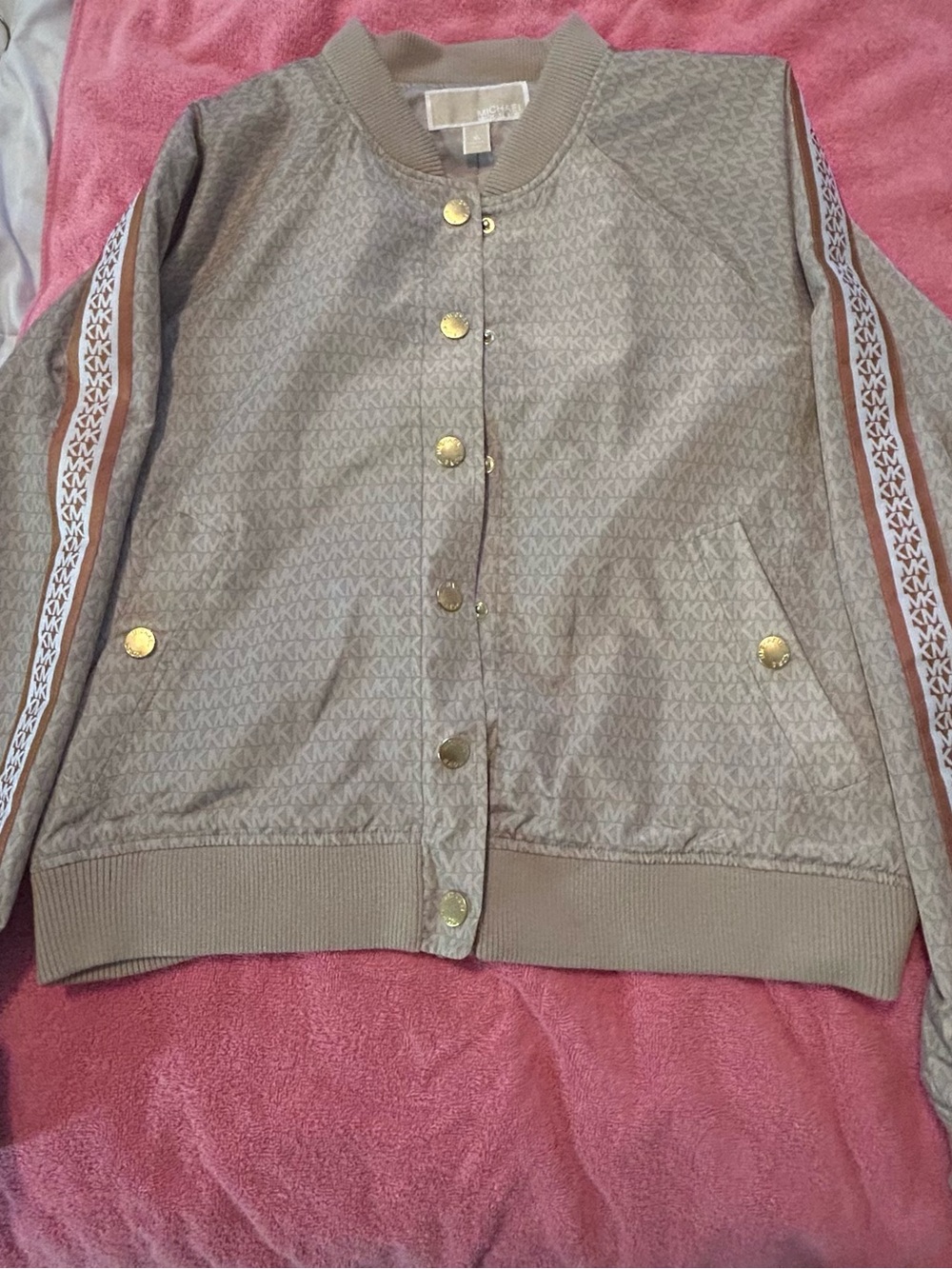 Michael Kors Taupe Logo-Print Varsity Bomber Jacket
